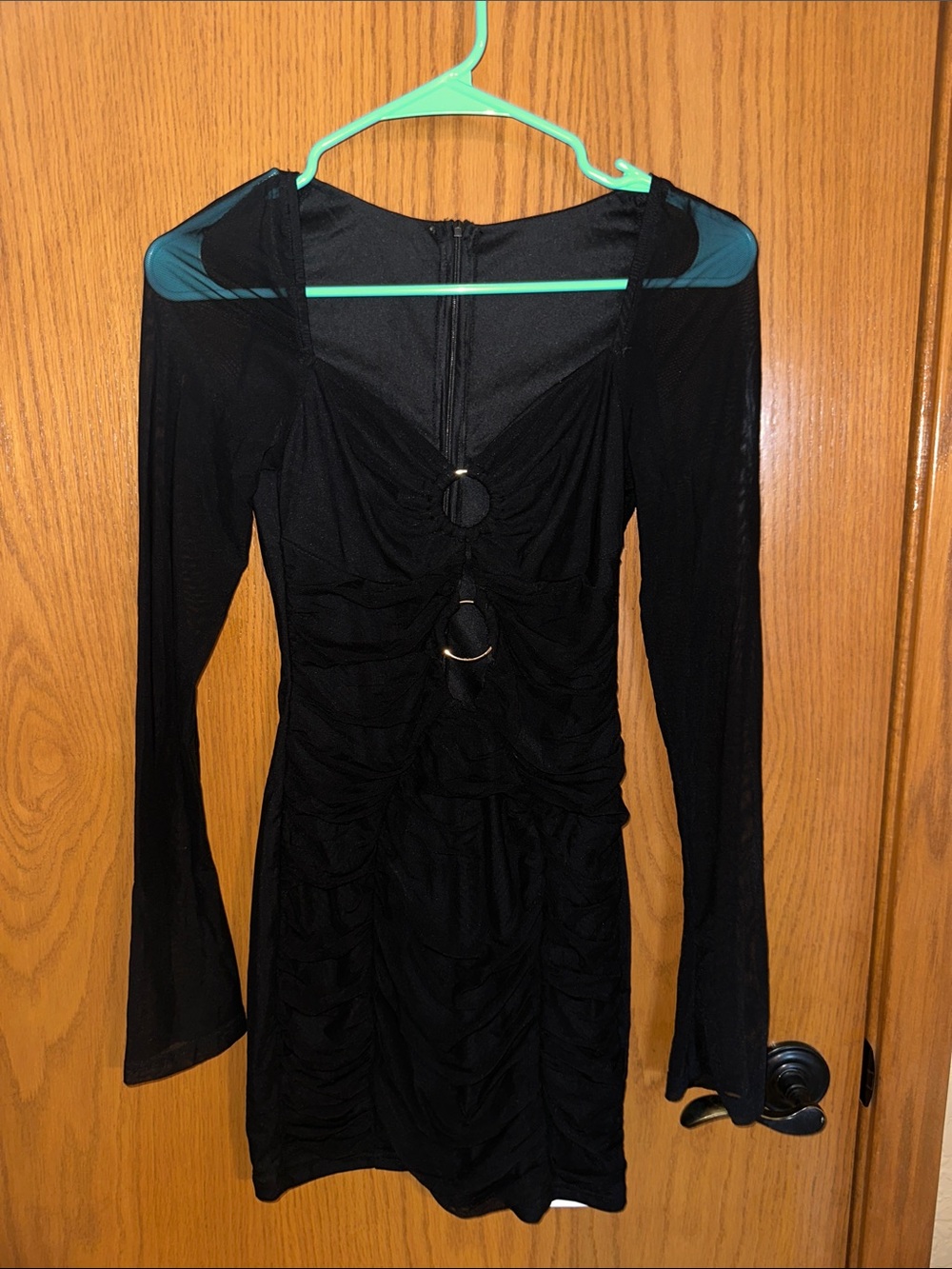 Black Long-Sleeve Ruched Dress with Ring Detail